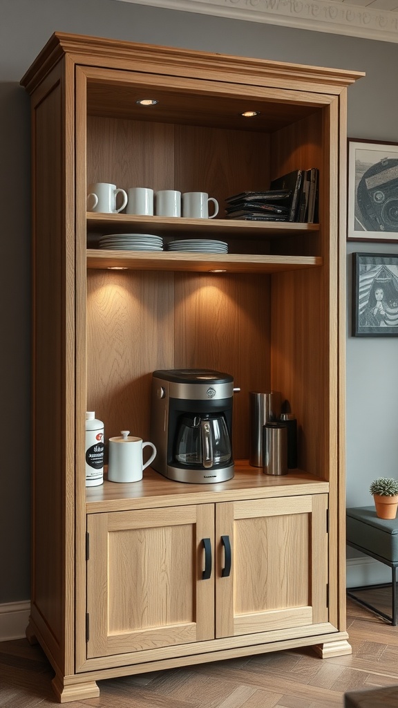 A custom built-in coffee cabinet showcasing coffee essentials, including mugs and a coffee maker.