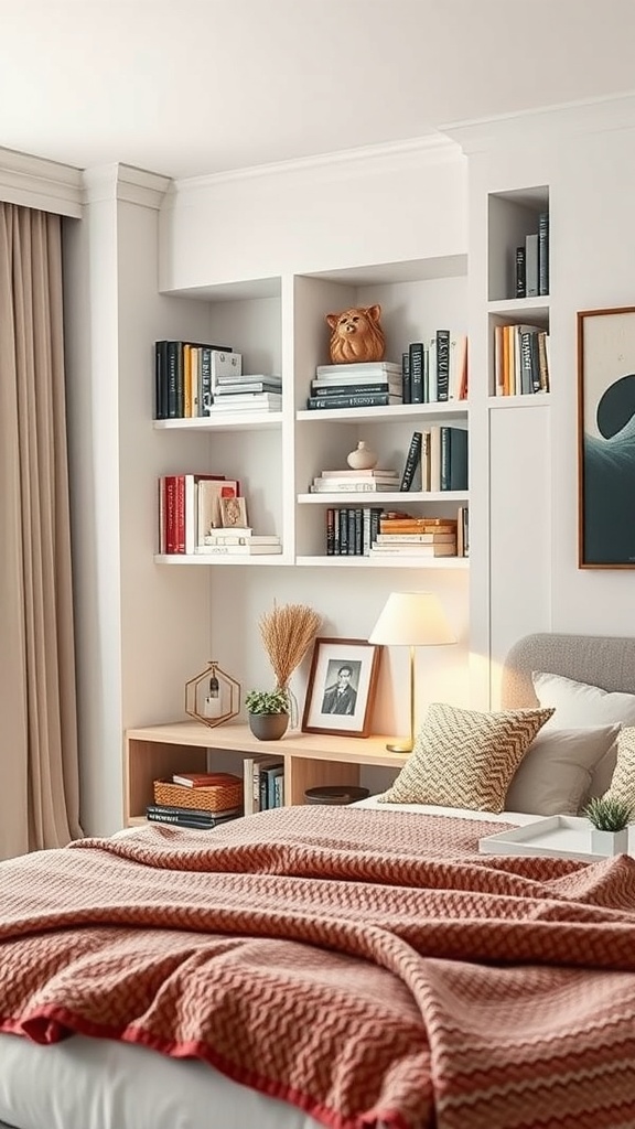 Cozy bedroom with a custom built-in corner bookshelf filled with books and decorative items.