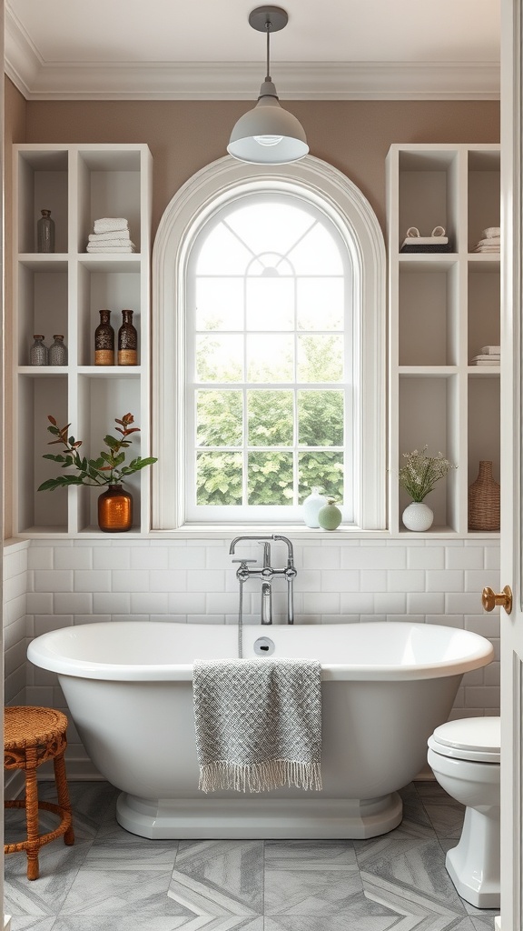 A luxurious bathroom with custom built-in shelving, featuring a freestanding tub and natural light.