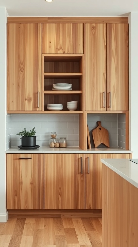 Custom built-in storage in a kitchen featuring wooden cabinets and open shelves.
