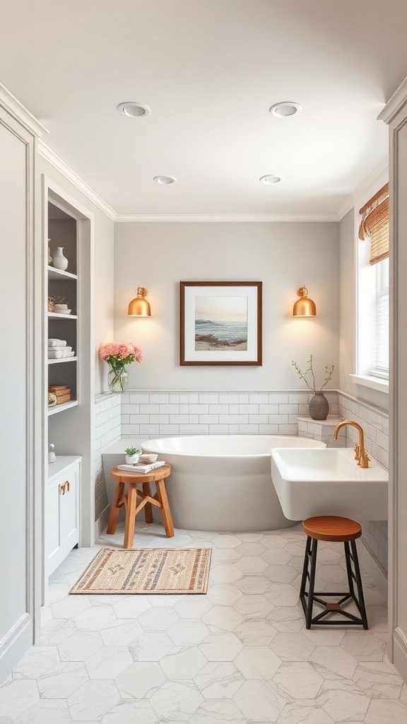 A stylish basement bathroom featuring custom built-in storage with shelves, a bathtub, and warm lighting.