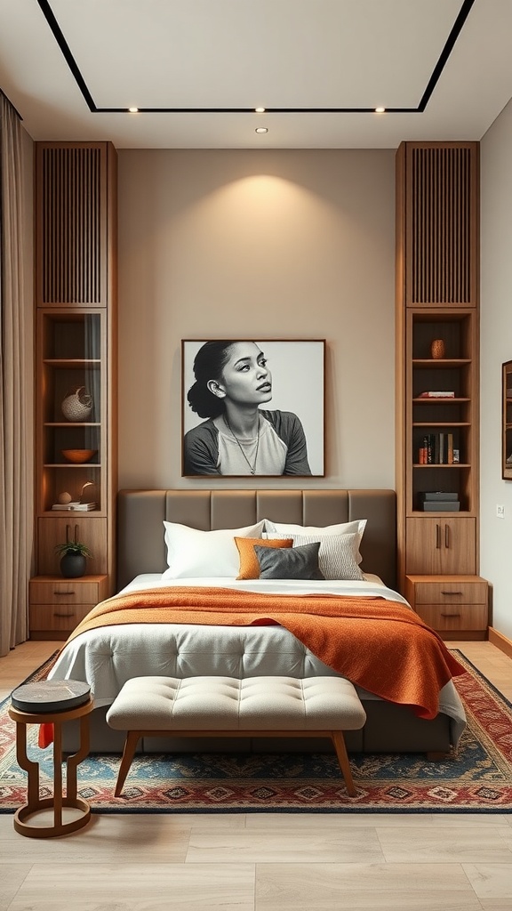 A modern Indian bedroom featuring custom built-in storage solutions with wooden shelves and decorative items.