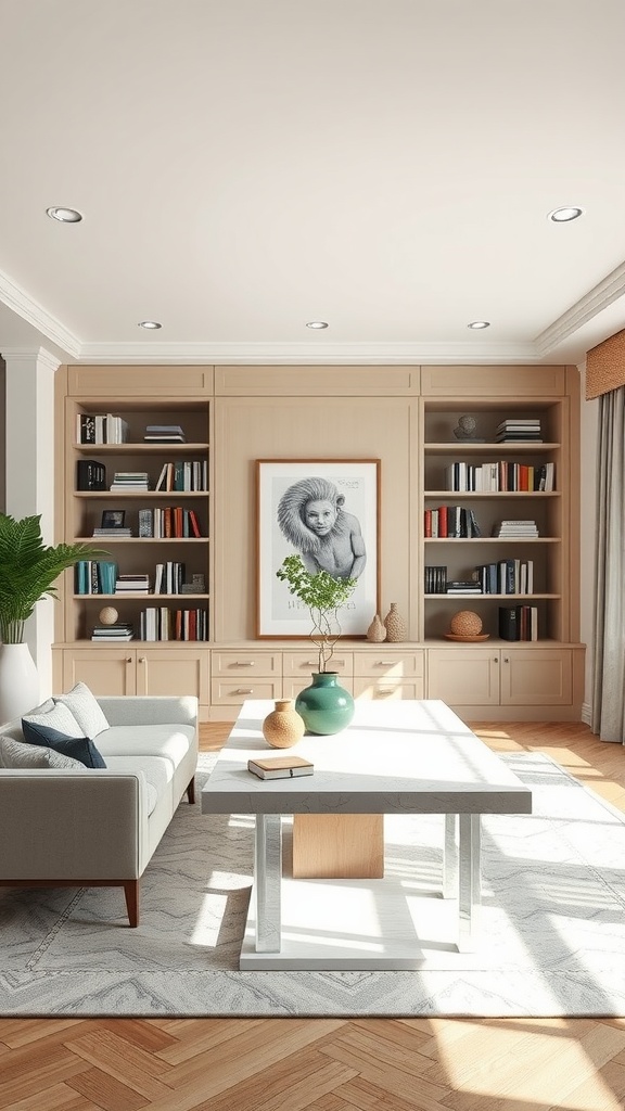 A modern living room featuring a custom built-in table, light wood cabinetry, a cozy sofa, and decorative elements.