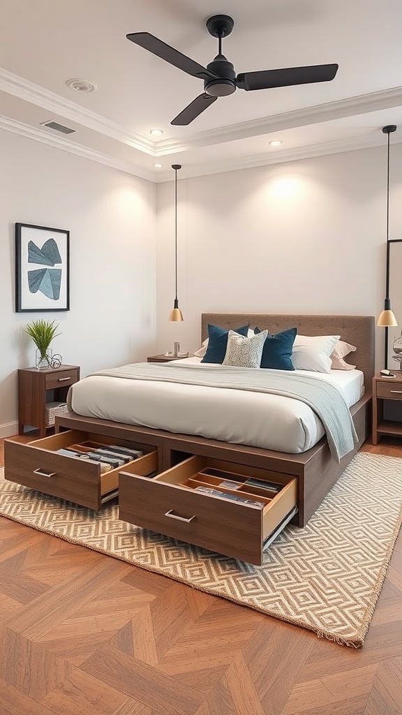 Stylish bedroom with a bed featuring built-in under bed drawers for storage