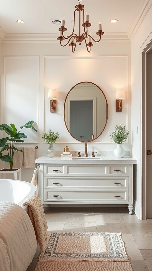 A stylish bathroom featuring a custom built-in vanity with storage, round mirror, and elegant lighting.
