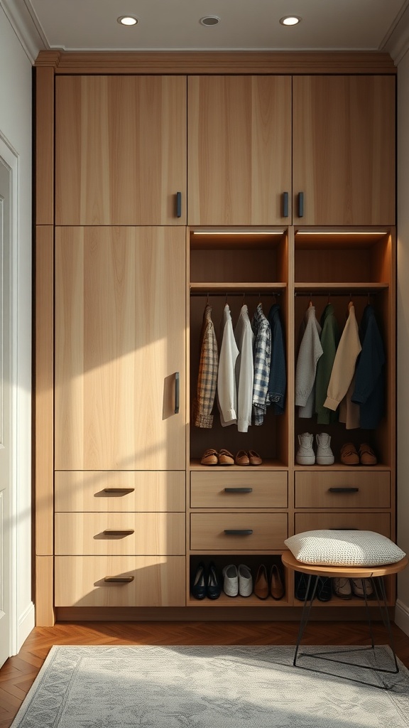 Custom built-in wardrobe in a box room bedroom with wooden finish