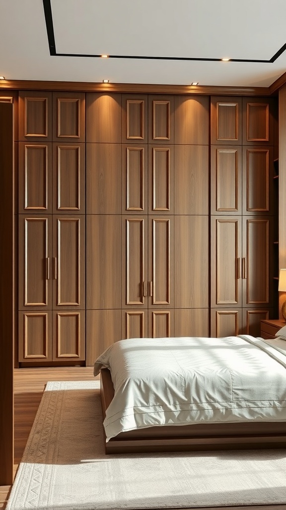 A luxurious bedroom with a custom built-in wardrobe featuring a rich wooden finish.