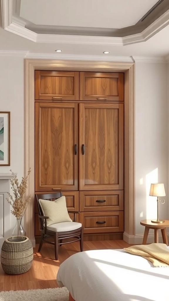 A wooden cupboard with drawers and doors in a bedroom setting, accompanied by a chair and a lamp.