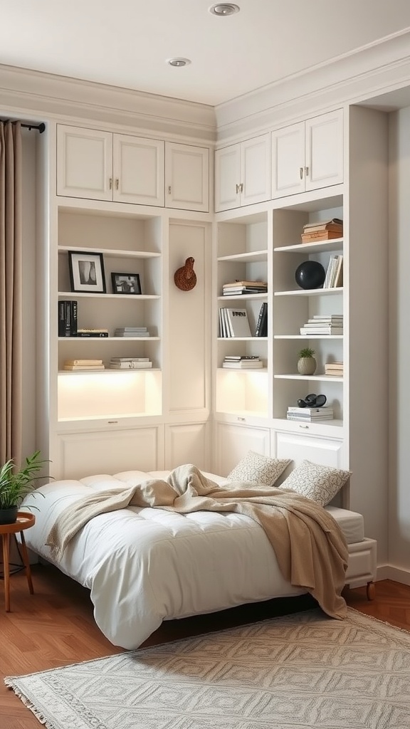A small square bedroom featuring custom built-in shelves and cabinets around a bed