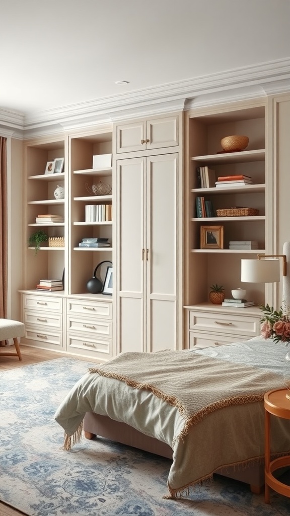 A beautifully designed bedroom featuring custom built-ins with shelves and cabinets.