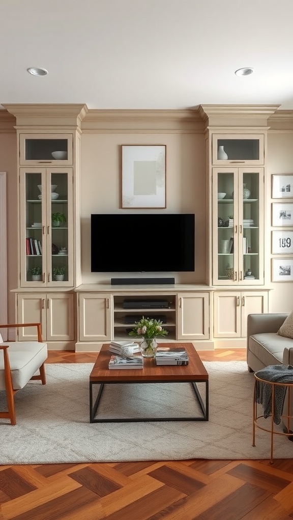 A living room featuring custom built-ins with glass doors surrounding a television, complemented by stylish seating and a coffee table.