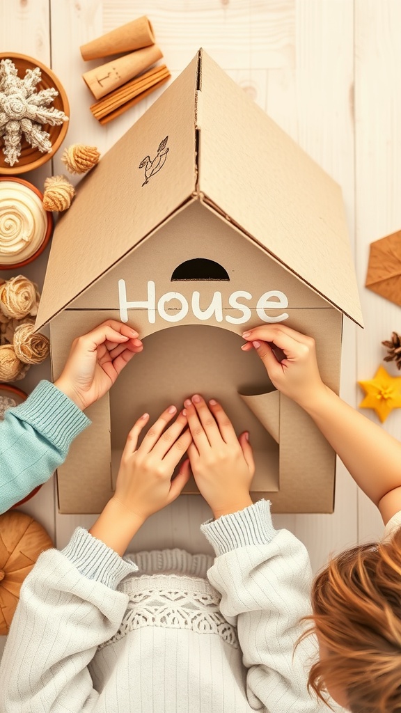 Children decorating a cardboard box to create a custom pet house.