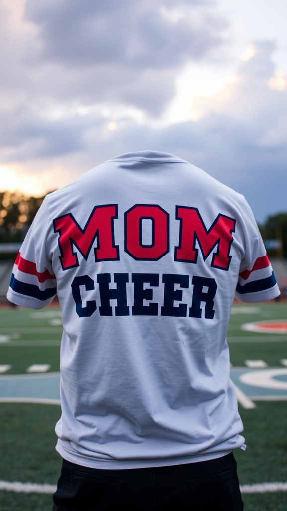 A person wearing a custom cheer mom shirt with 'MOM CHEER' printed on the back, standing on a sports field