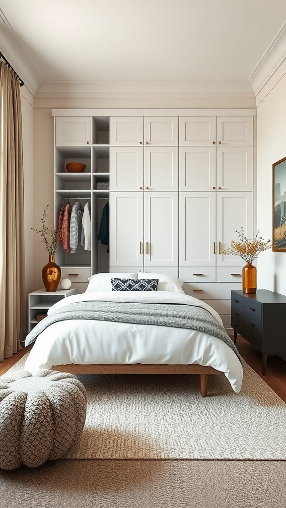 Stylish custom closet in a small bedroom with organized shelves and cabinets.