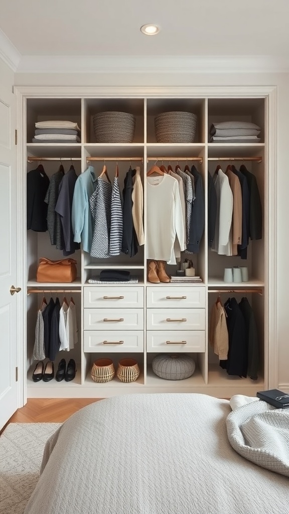A custom closet with organized sections displaying clothes, shoes, and accessories.