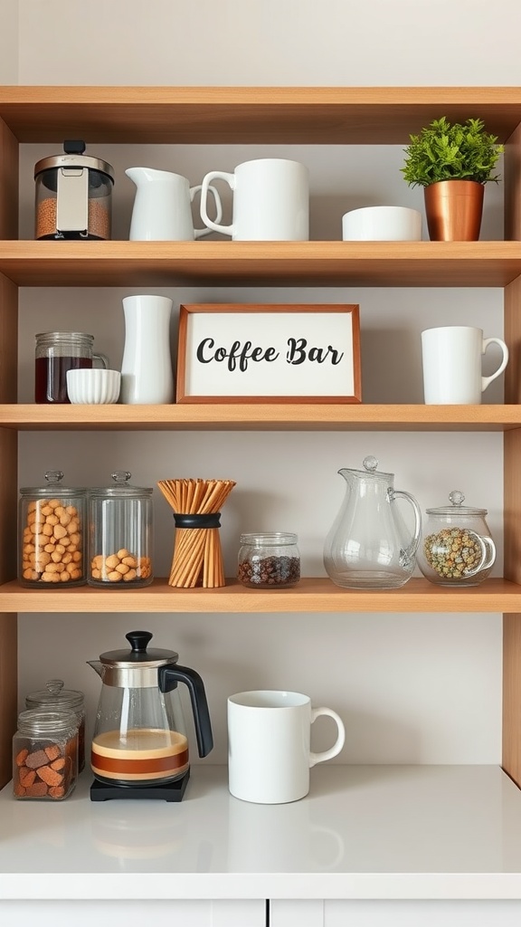 Custom coffee bar shelf with name sign and various coffee essentials