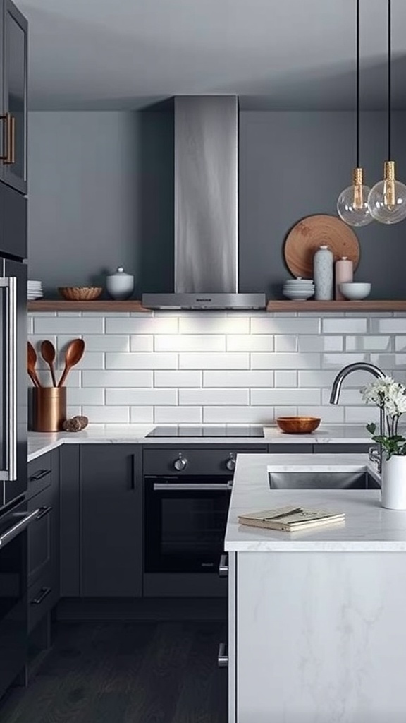 A modern kitchen with dark cabinets, marble countertops, and open shelving displaying decorative items.