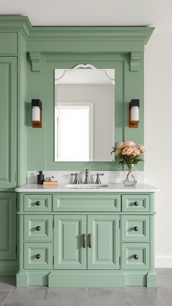 A custom green bathroom vanity with a mirror and light fixtures