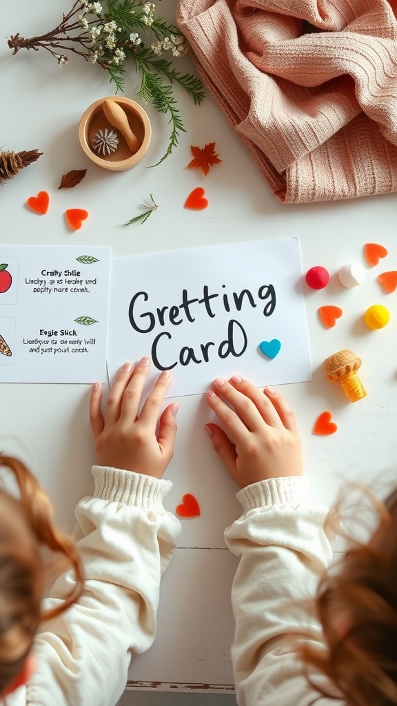 A child designing a custom greeting card with colorful materials and crafts