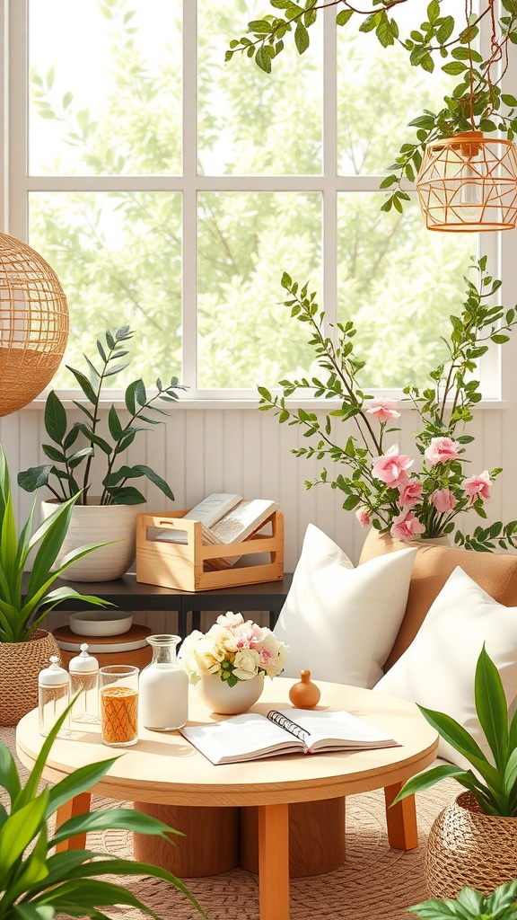 A cozy and bright interior space featuring a coffee table with a guest book, flowers, and greenery.