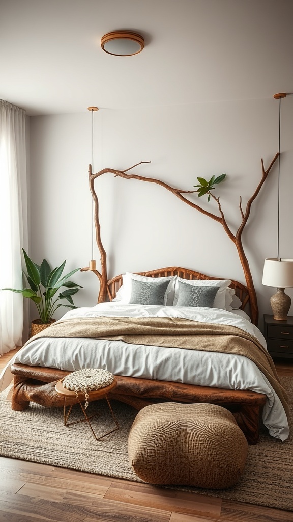 A jungle-themed bedroom featuring a wooden bed designed to look like tree branches, with a cozy atmosphere and plants.