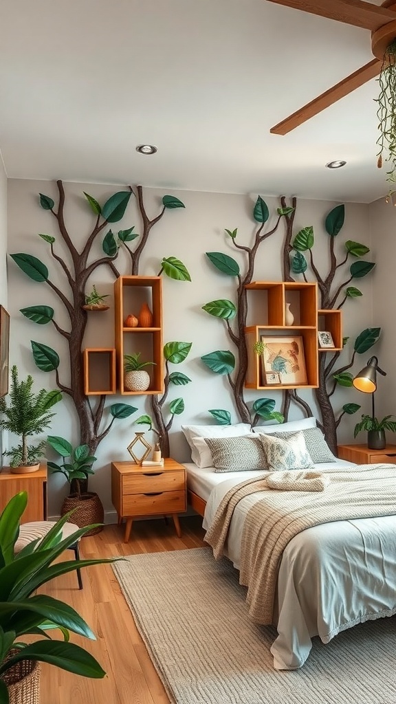 A jungle-themed bedroom with custom shelving designed to look like tree branches, featuring green leaves and warm wooden accents.