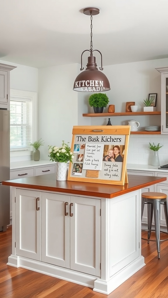 A kitchen island with a custom message board displaying family notes and reminders.