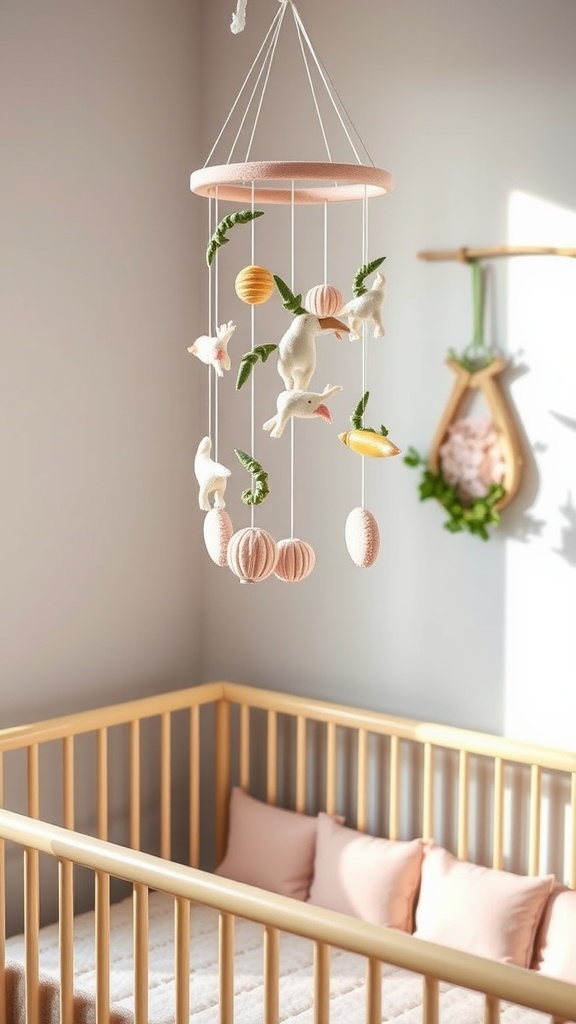 A pastel pink and green nursery mobile with nature themes featuring animals and leaves