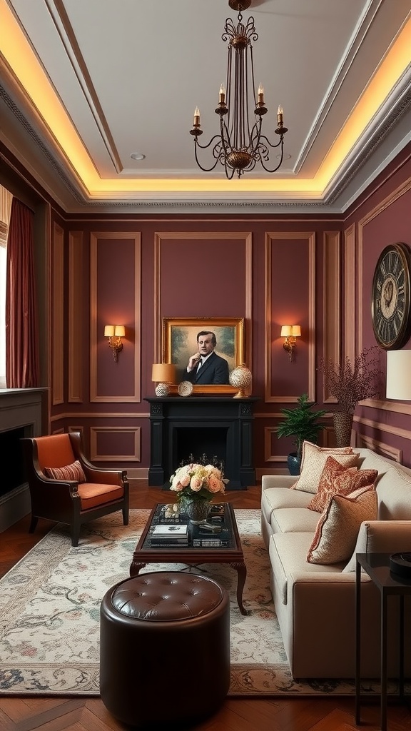A stylish living room featuring custom molding and wainscoting, with elegant furniture and warm lighting.