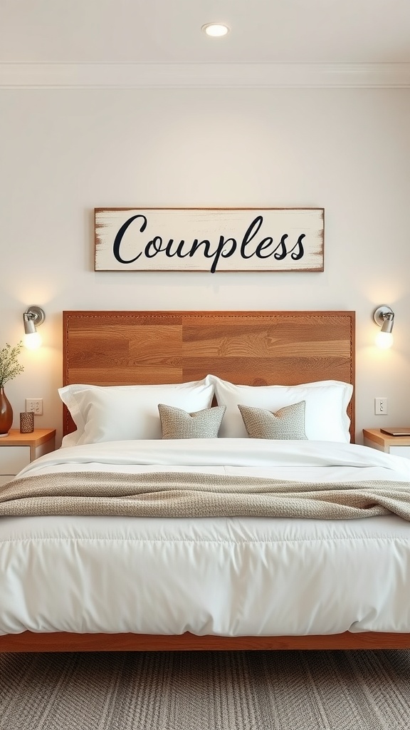 A cozy bedroom with a wooden sign above the bed that reads 'Countless'. The room has white bedding and a warm ambiance.
