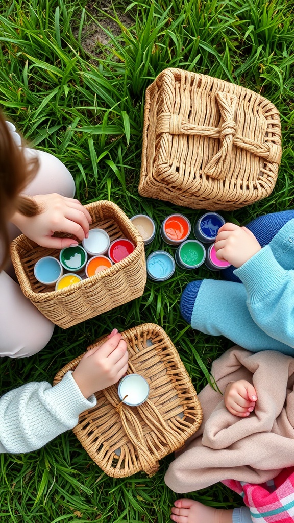Children painting wicker baskets on the grass with colorful paints