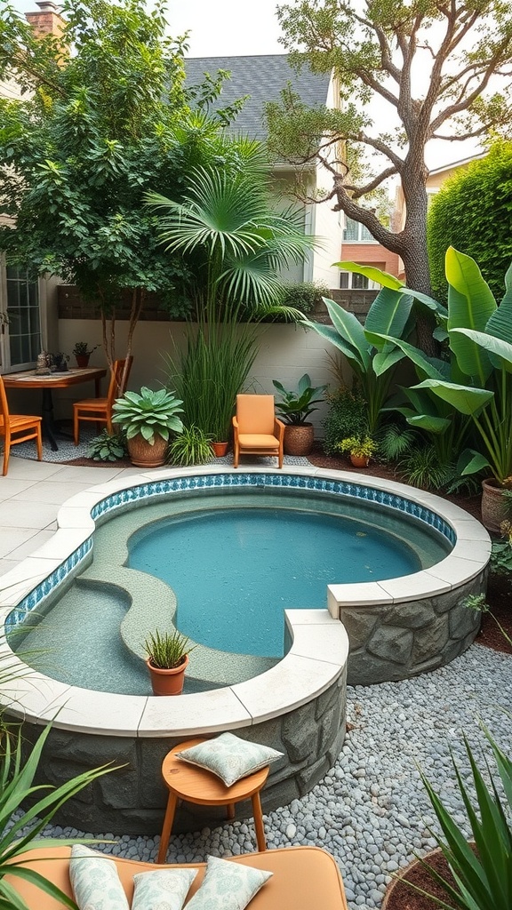 A cozy backyard featuring a custom-shaped pool surrounded by greenery and comfortable seating.