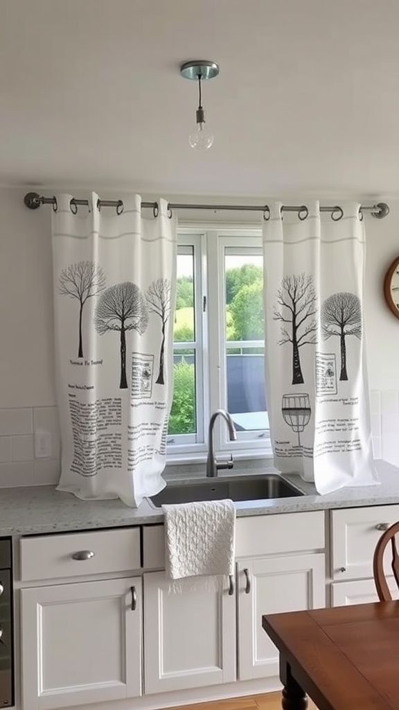 Custom printed artwork kitchen curtains featuring tree designs and text.