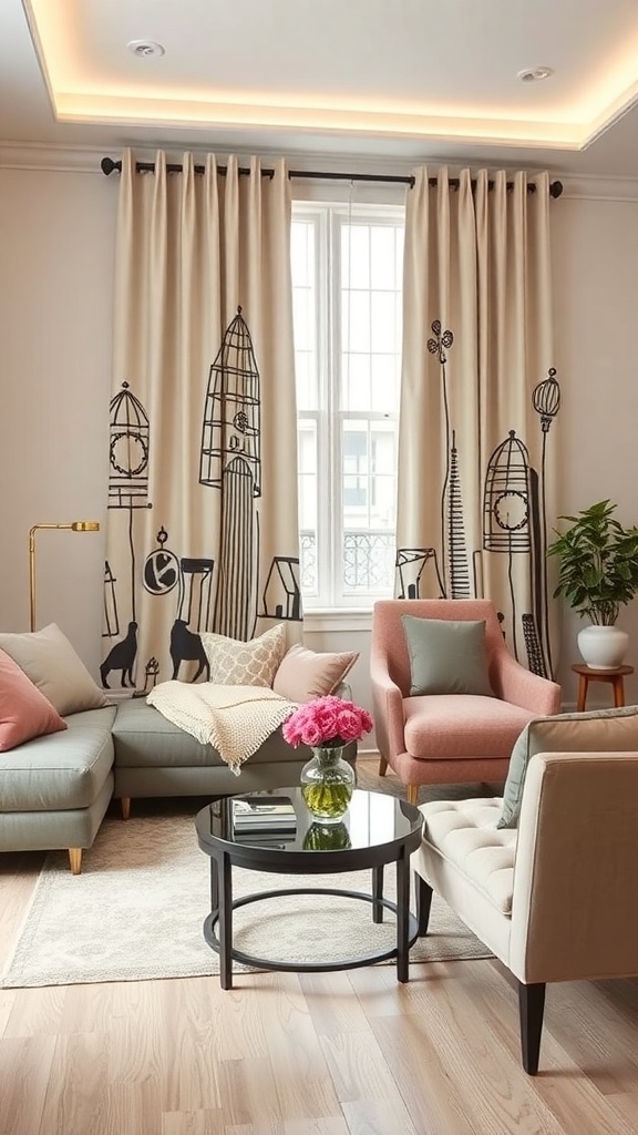 Living room with custom printed curtains featuring unique designs.