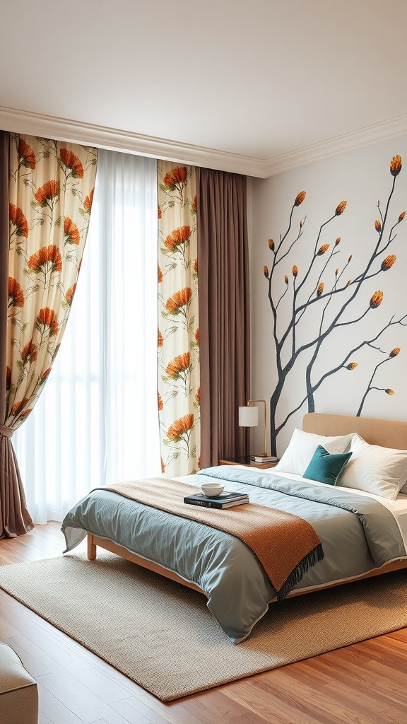 A stylish bedroom featuring custom printed fabric curtains with floral patterns, a cozy bed, and a modern decor.