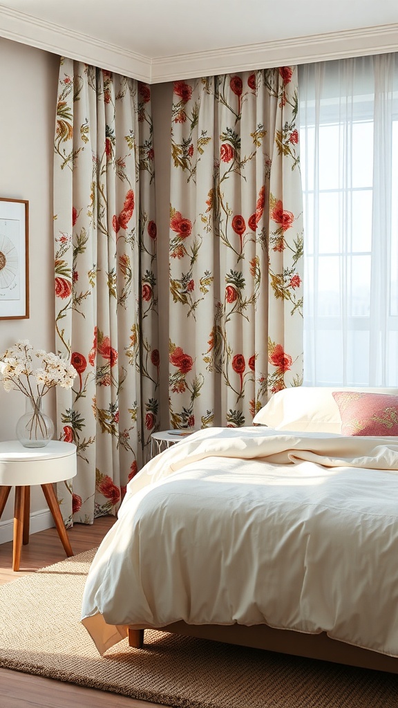 A cozy bedroom with floral curtains, a bed with cream bedding, and a small round table.