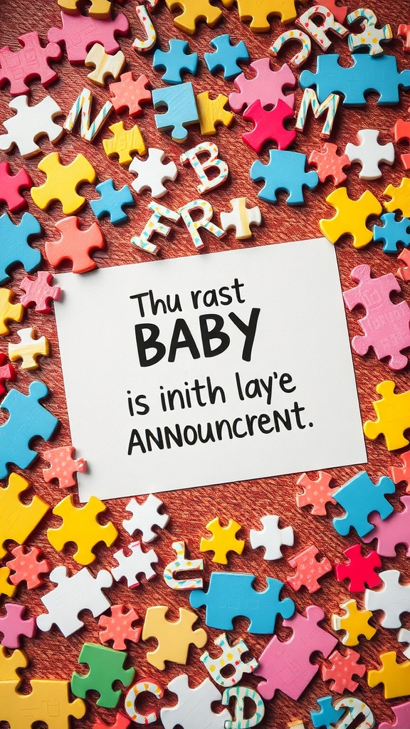 A colorful assortment of puzzle pieces with a message card announcing a baby.
