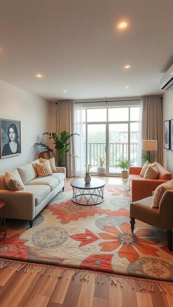 A cozy living room featuring a colorful floral rug, modern furniture, and ample natural light.