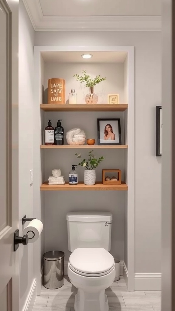 A modern bathroom with custom wood shelving displaying decor, toiletries, and towels.