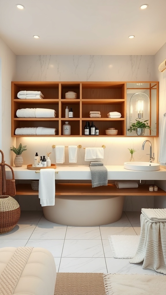 A modern spa-like bathroom featuring custom wooden shelving with neatly arranged towels and toiletries.