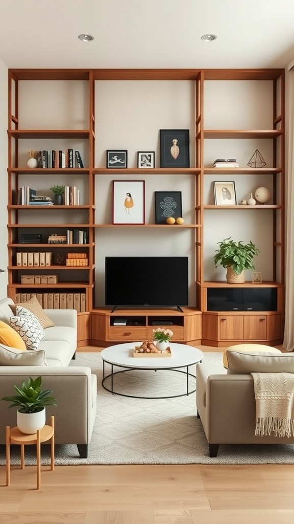 A modern living room featuring custom wooden shelving filled with books, plants, and decorative items.