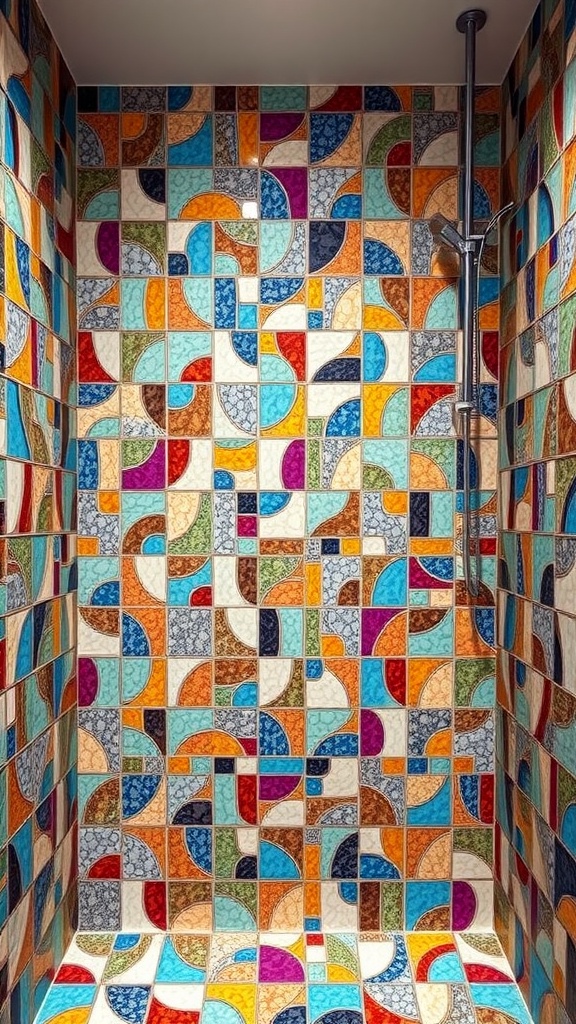 Custom stone mosaic shower wall with colorful patterns
