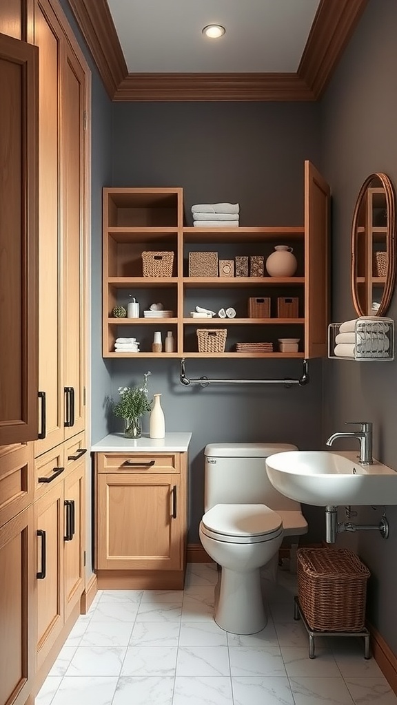 A beautifully designed bathroom with custom wooden storage solutions and a modern sink.