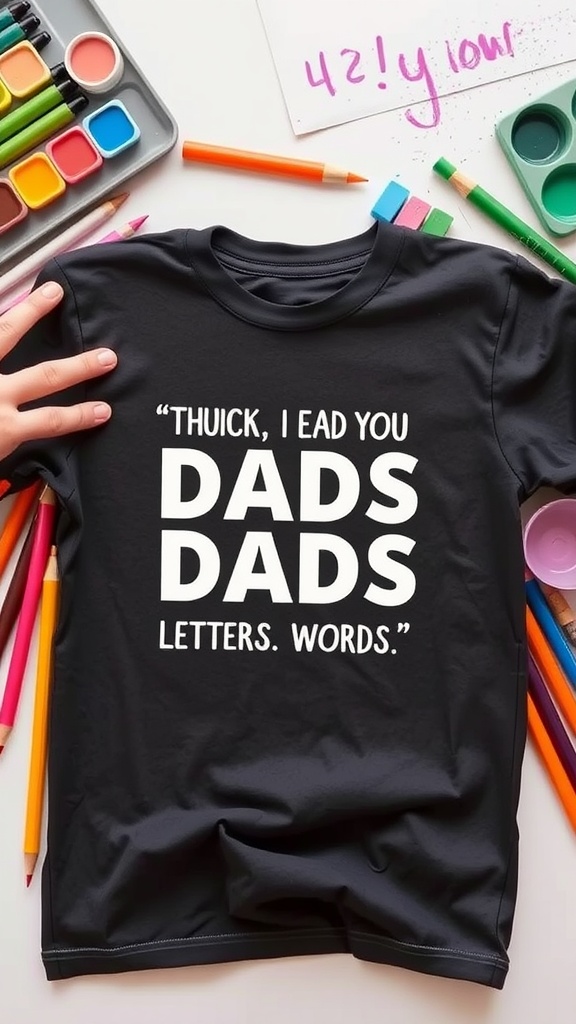 Custom t-shirt with a funny quote for Father's Day surrounded by art supplies