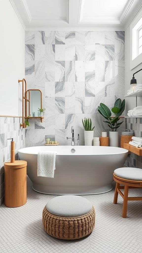 A modern bathroom featuring a marble tile mural, a freestanding bathtub, wooden accents, and plants.