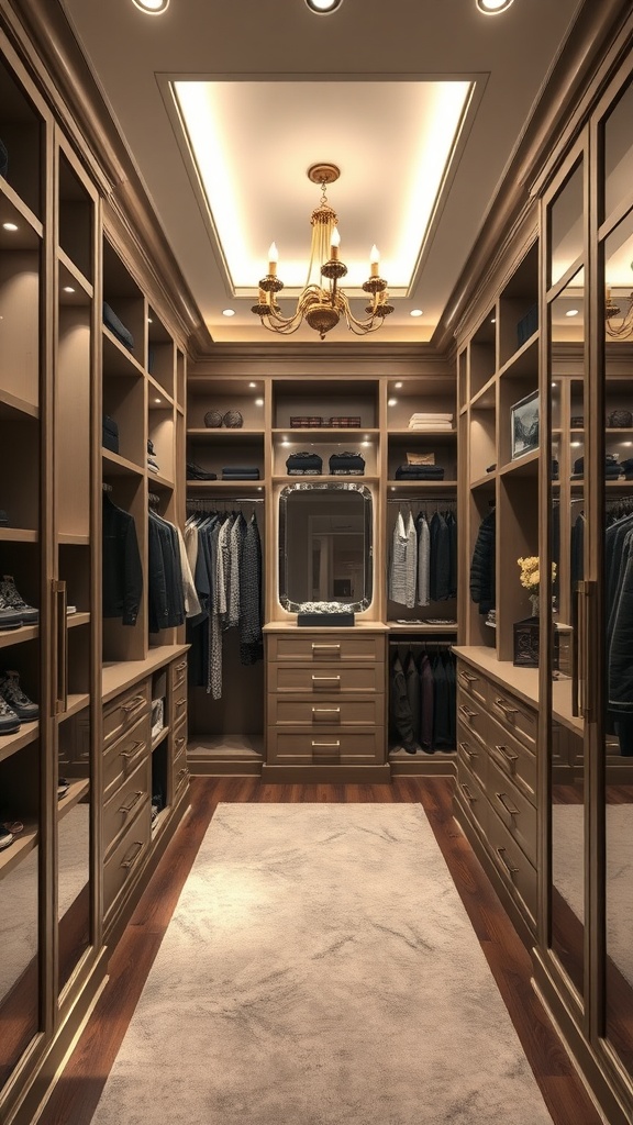 A luxurious custom walk-in closet with wooden cabinetry, a chandelier, and organized shelves.