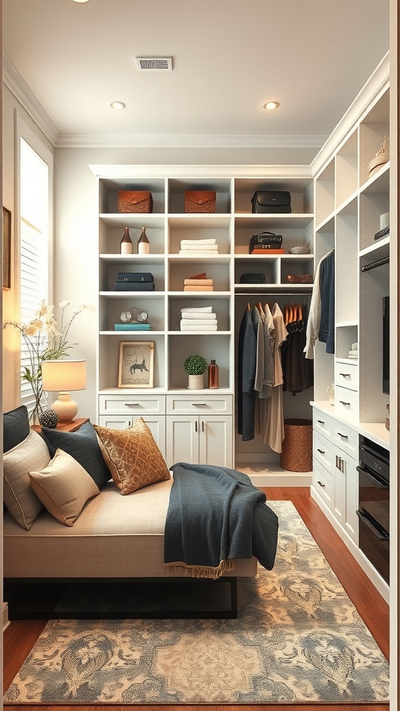 A stylish custom walk-in closet featuring shelves, hanging clothes, and a cozy seating area.