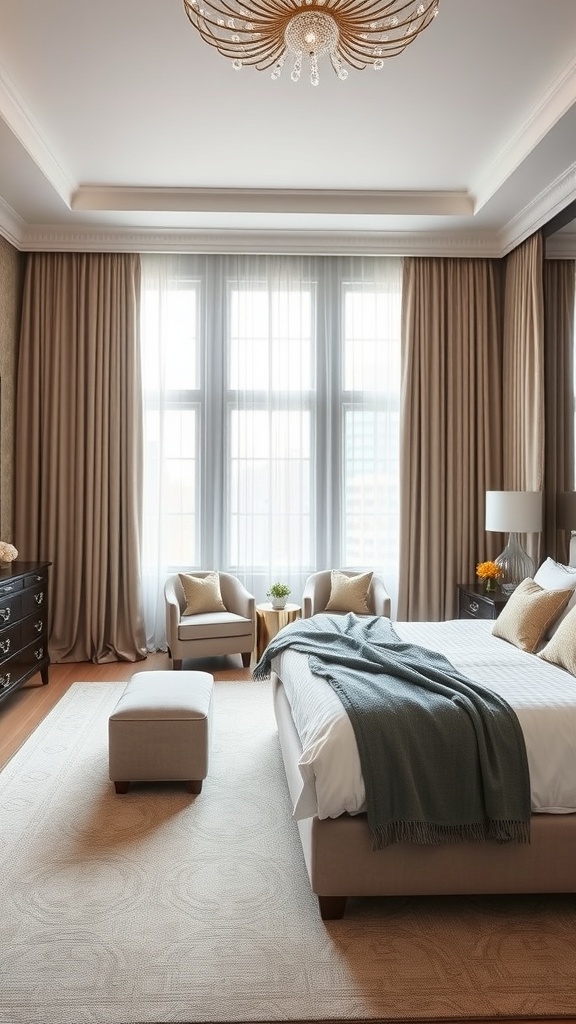 Elegant mansion bedroom with custom window treatments and a cozy atmosphere.