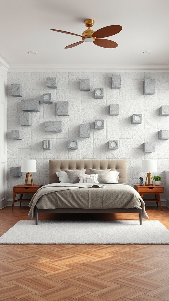 A modern bedroom featuring customizable block walls in light gray, with a bed and wooden furniture.