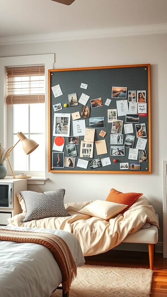 A customizable bulletin board filled with photos, notes, and colorful reminders in a cozy room setting.